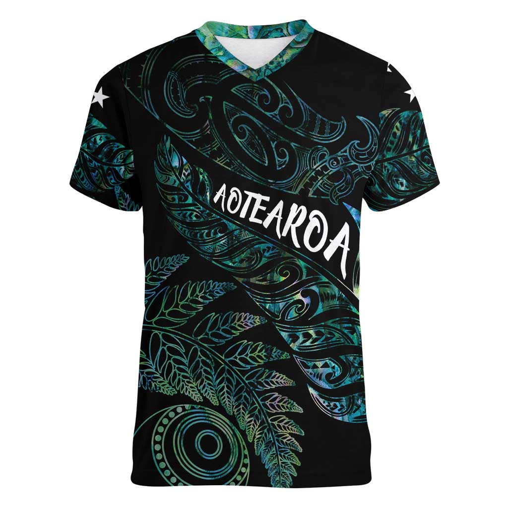 Aotearoa Personalized Lawn Bowls Maori Women V-Neck T-Shirt New Zealand Paua Shell Tribal Silver Fern - Aussie Hoodie