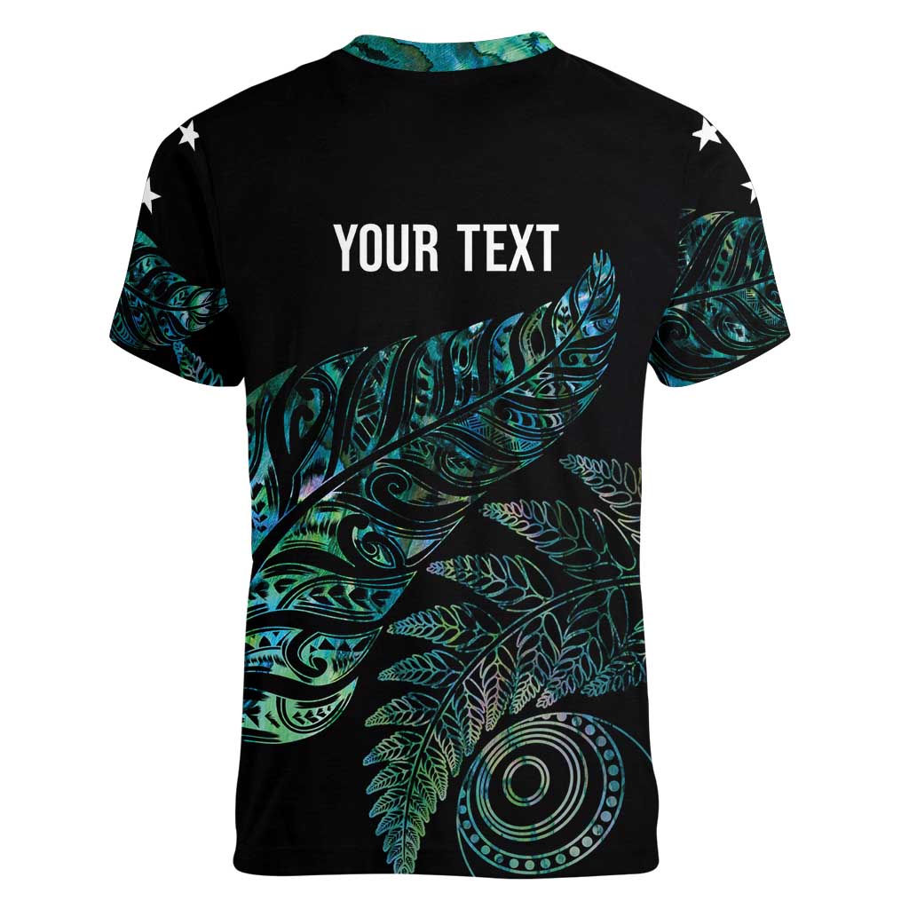 Aotearoa Personalized Lawn Bowls Maori Women V-Neck T-Shirt New Zealand Paua Shell Tribal Silver Fern - Aussie Hoodie