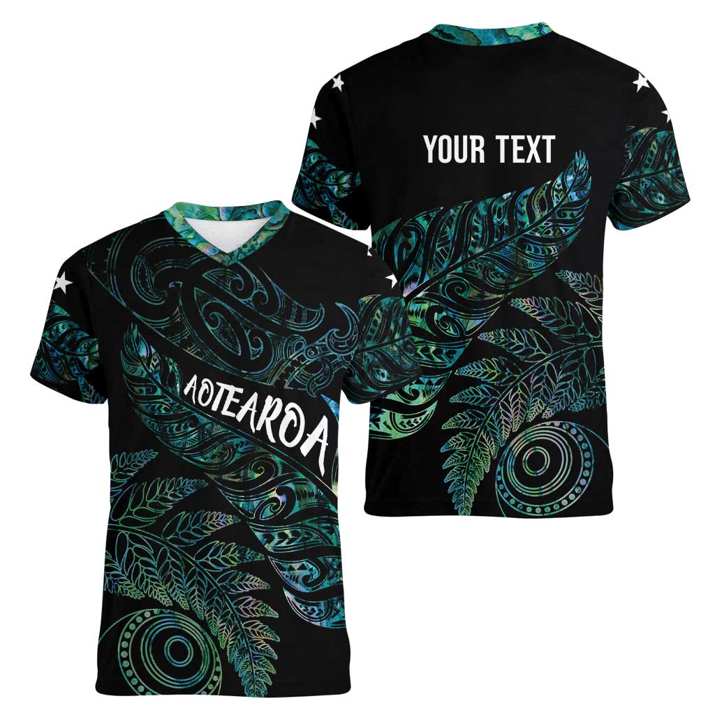 Aotearoa Personalized Lawn Bowls Maori Women V-Neck T-Shirt New Zealand Paua Shell Tribal Silver Fern - Aussie Hoodie