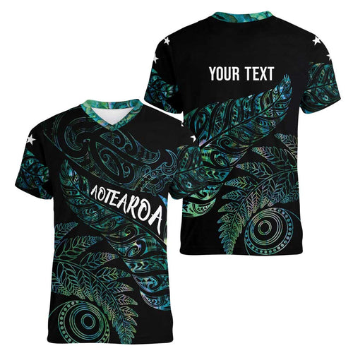 Aotearoa Personalized Lawn Bowls Maori Women V-Neck T-Shirt New Zealand Paua Shell Tribal Silver Fern - Aussie Hoodie