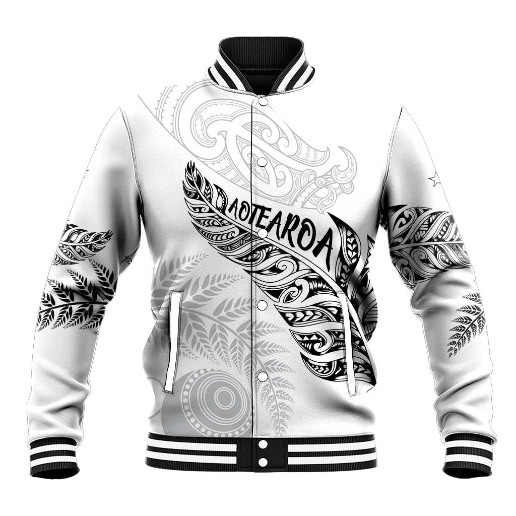 Aotearoa Personalized Lawn Bowls Maori Baseball Jacket New Zealand White Tribal Silver Fern - Aussie Hoodie