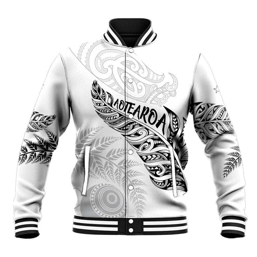Aotearoa Personalized Lawn Bowls Maori Baseball Jacket New Zealand White Tribal Silver Fern - Aussie Hoodie