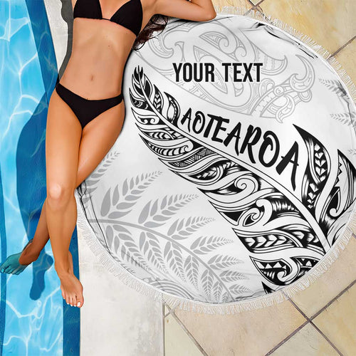 Aotearoa Personalized Lawn Bowls Maori Beach Blanket New Zealand White Tribal Silver Fern - Aussie Hoodie