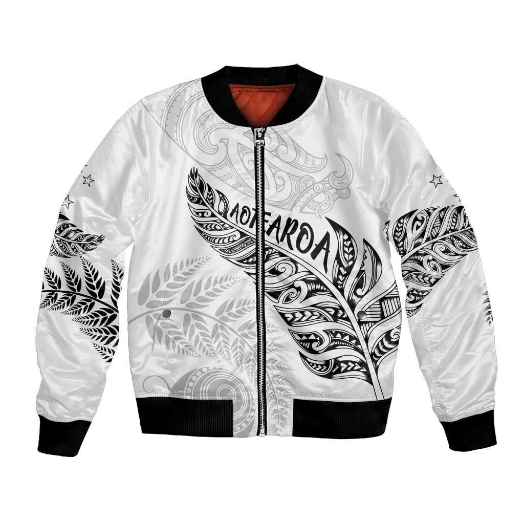 Aotearoa Personalized Lawn Bowls Maori Bomber Jacket New Zealand White Tribal Silver Fern - Aussie Hoodie