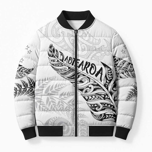 Aotearoa Personalized Lawn Bowls Maori Bomber Puffer Jacket New Zealand White Tribal Silver Fern - Aussie Hoodie