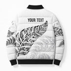 Aotearoa Personalized Lawn Bowls Maori Bomber Puffer Jacket New Zealand White Tribal Silver Fern - Aussie Hoodie