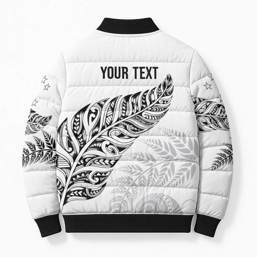 Aotearoa Personalized Lawn Bowls Maori Bomber Puffer Jacket New Zealand White Tribal Silver Fern - Aussie Hoodie
