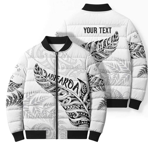 Aotearoa Personalized Lawn Bowls Maori Bomber Puffer Jacket New Zealand White Tribal Silver Fern - Aussie Hoodie
