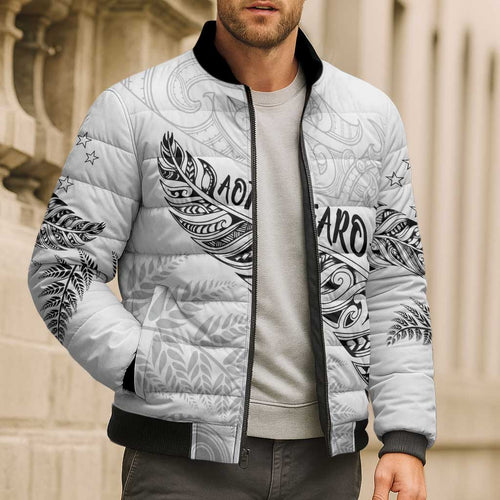 Aotearoa Personalized Lawn Bowls Maori Bomber Puffer Jacket New Zealand White Tribal Silver Fern - Aussie Hoodie