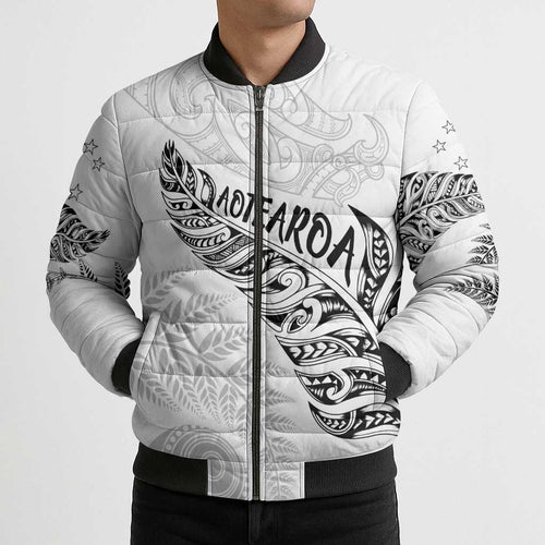 Aotearoa Personalized Lawn Bowls Maori Bomber Puffer Jacket New Zealand White Tribal Silver Fern - Aussie Hoodie