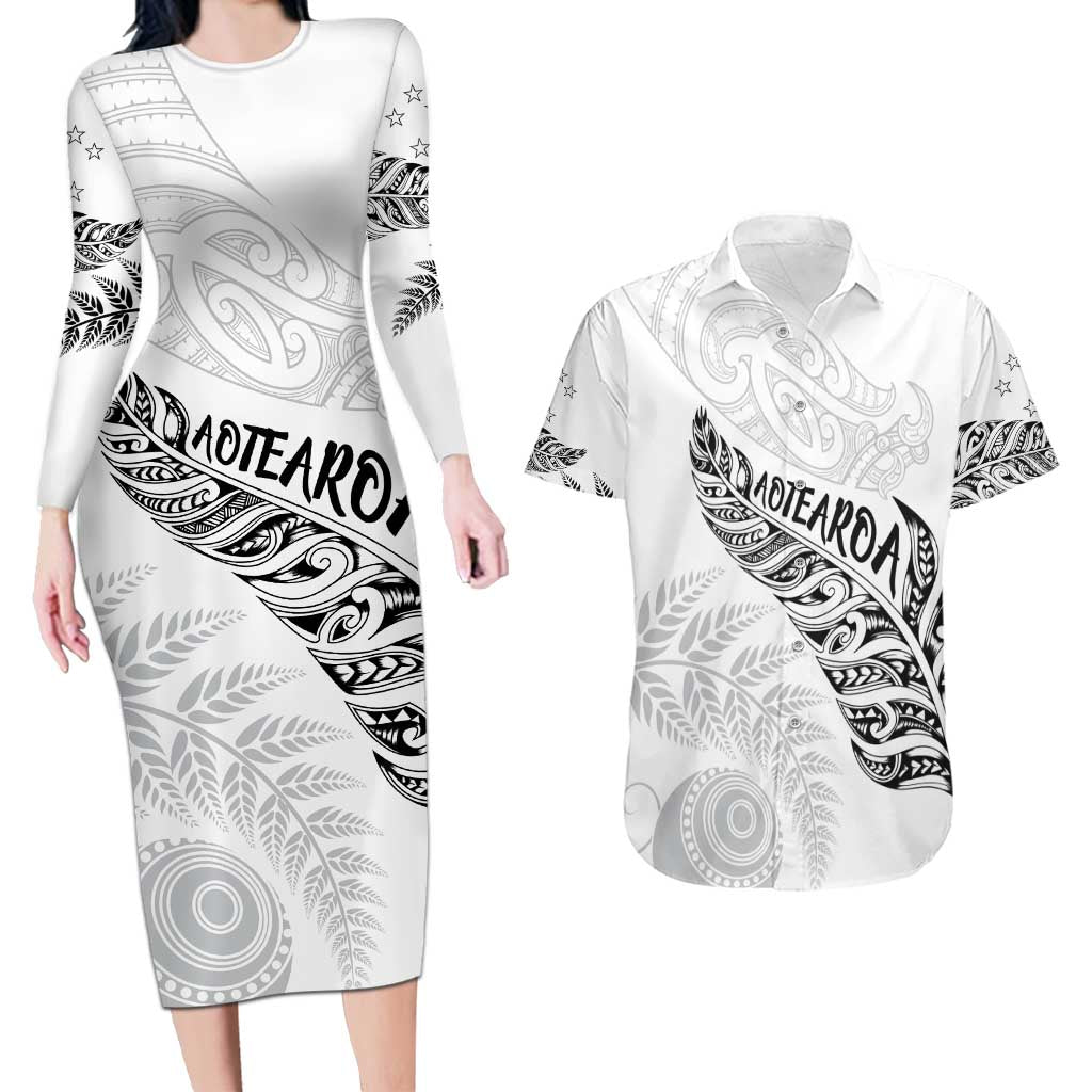 Aotearoa Personalized Lawn Bowls Maori Couples Matching Long Sleeve Bodycon Dress and Hawaiian Shirt New Zealand White Tribal Silver Fern - Aussie Hoodie