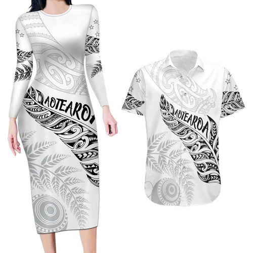 Aotearoa Personalized Lawn Bowls Maori Couples Matching Long Sleeve Bodycon Dress and Hawaiian Shirt New Zealand White Tribal Silver Fern - Aussie Hoodie