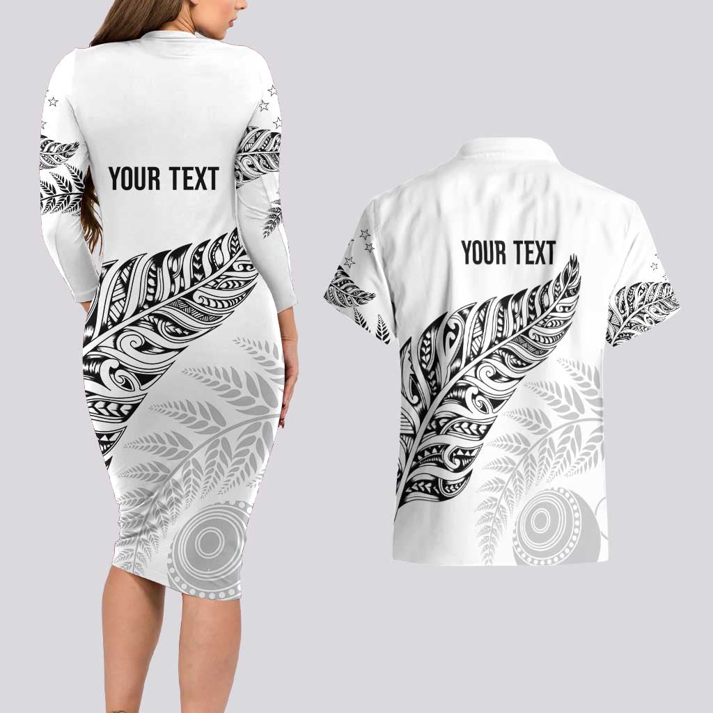 Aotearoa Personalized Lawn Bowls Maori Couples Matching Long Sleeve Bodycon Dress and Hawaiian Shirt New Zealand White Tribal Silver Fern - Aussie Hoodie