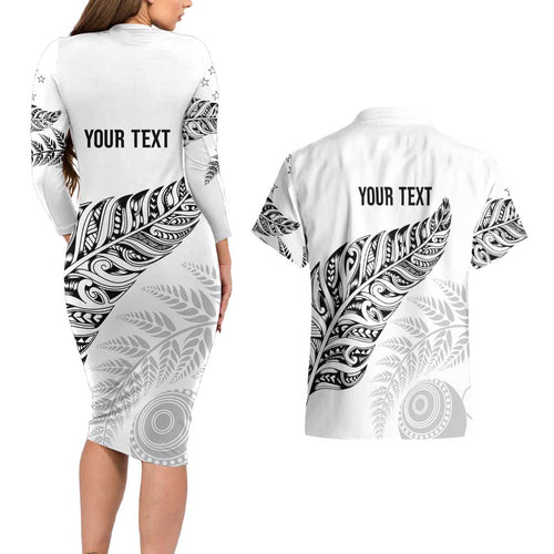 Aotearoa Personalized Lawn Bowls Maori Couples Matching Long Sleeve Bodycon Dress and Hawaiian Shirt New Zealand White Tribal Silver Fern - Aussie Hoodie