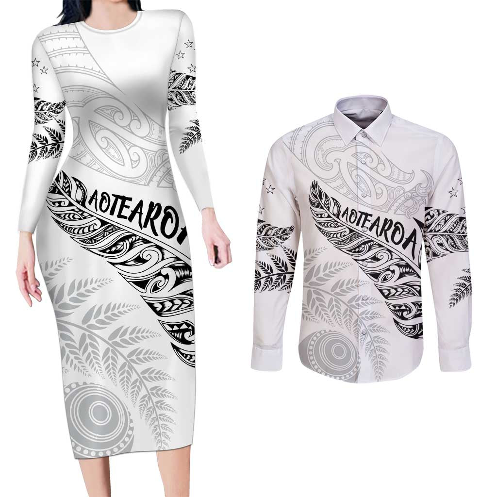 Aotearoa Personalized Lawn Bowls Maori Couples Matching Long Sleeve Bodycon Dress and Long Sleeve Button Shirt New Zealand White Tribal Silver Fern - Aussie Hoodie