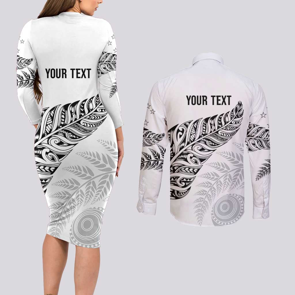 Aotearoa Personalized Lawn Bowls Maori Couples Matching Long Sleeve Bodycon Dress and Long Sleeve Button Shirt New Zealand White Tribal Silver Fern - Aussie Hoodie