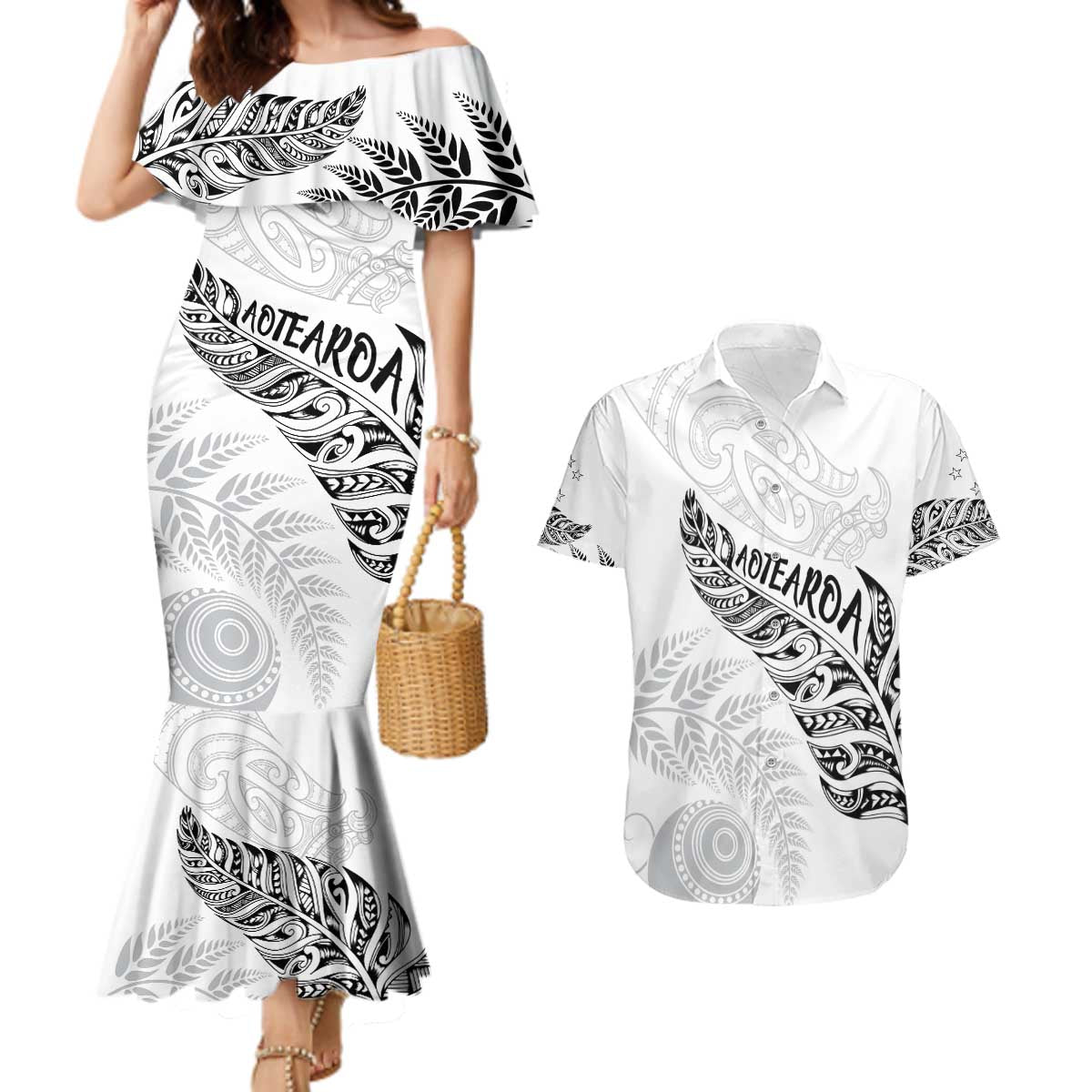 Aotearoa Personalized Lawn Bowls Maori Couples Matching Mermaid Dress and Hawaiian Shirt New Zealand White Tribal Silver Fern - Aussie Hoodie
