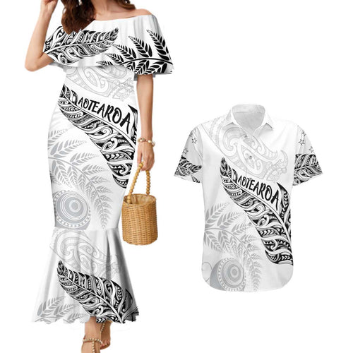 Aotearoa Personalized Lawn Bowls Maori Couples Matching Mermaid Dress and Hawaiian Shirt New Zealand White Tribal Silver Fern - Aussie Hoodie