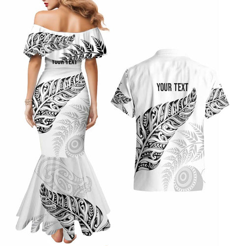 Aotearoa Personalized Lawn Bowls Maori Couples Matching Mermaid Dress and Hawaiian Shirt New Zealand White Tribal Silver Fern - Aussie Hoodie