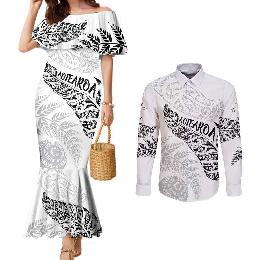 Aotearoa Personalized Lawn Bowls Maori Couples Matching Mermaid Dress and Long Sleeve Button Shirt New Zealand White Tribal Silver Fern - Aussie Hoodie