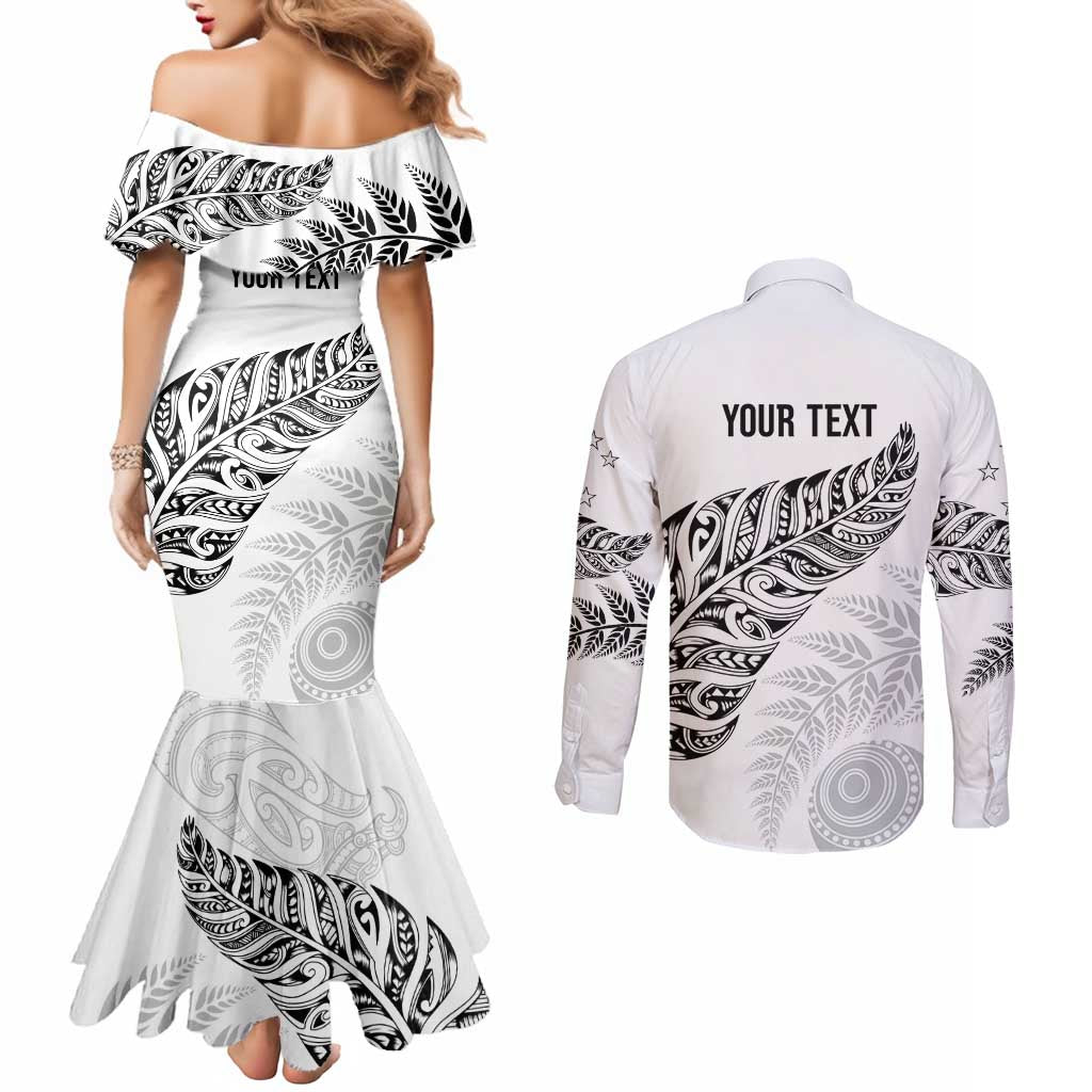 Aotearoa Personalized Lawn Bowls Maori Couples Matching Mermaid Dress and Long Sleeve Button Shirt New Zealand White Tribal Silver Fern - Aussie Hoodie
