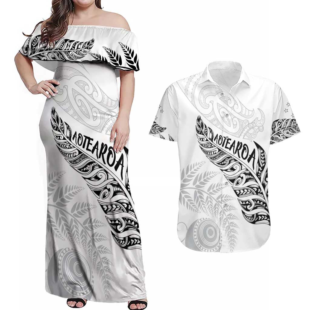 Aotearoa Personalized Lawn Bowls Maori Couples Matching Off Shoulder Maxi Dress and Hawaiian Shirt New Zealand White Tribal Silver Fern - Aussie Hoodie