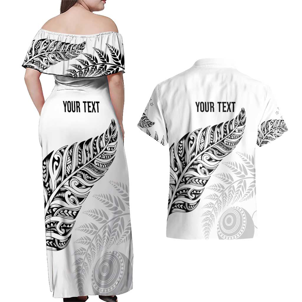 Aotearoa Personalized Lawn Bowls Maori Couples Matching Off Shoulder Maxi Dress and Hawaiian Shirt New Zealand White Tribal Silver Fern - Aussie Hoodie