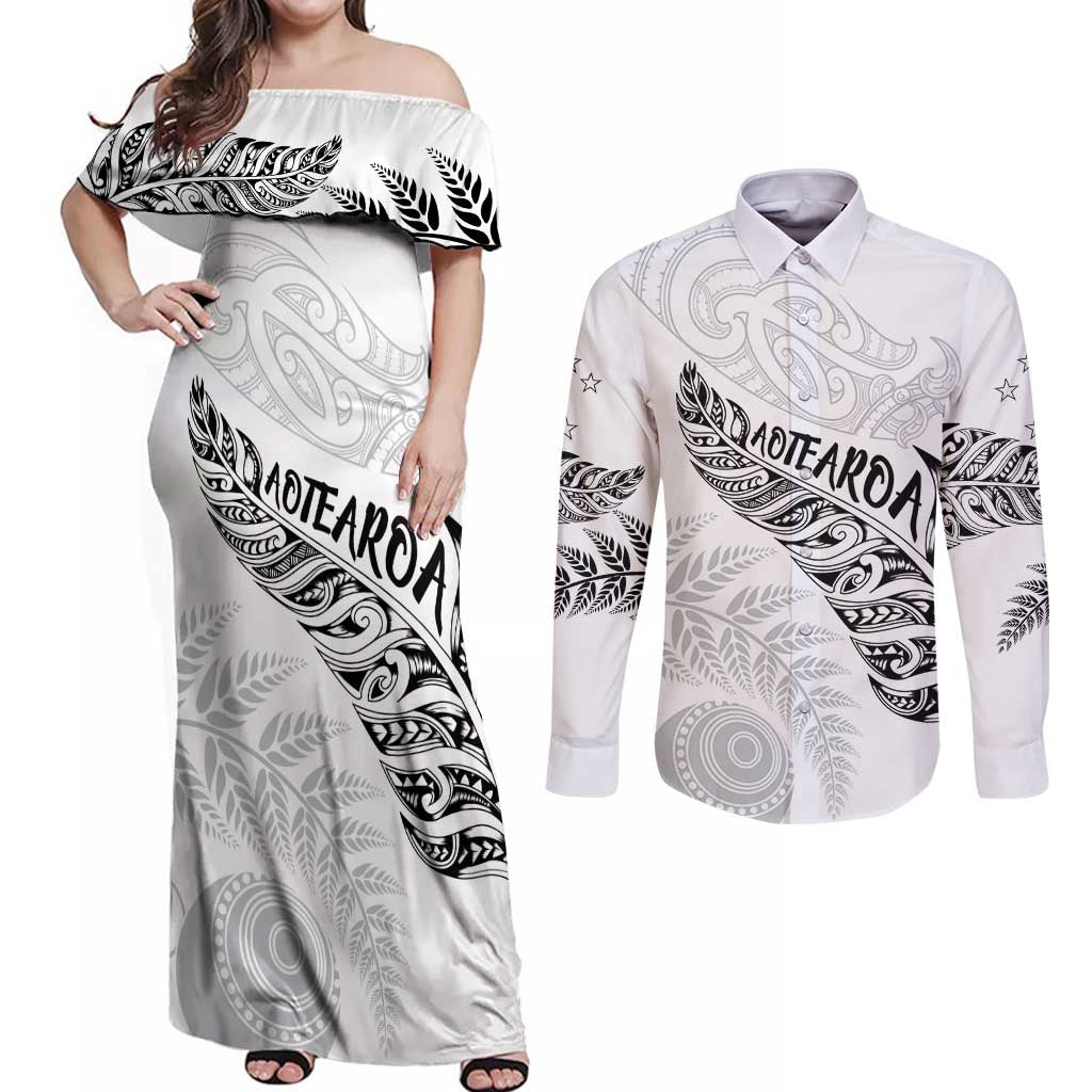 Aotearoa Personalized Lawn Bowls Maori Couples Matching Off Shoulder Maxi Dress and Long Sleeve Button Shirt New Zealand White Tribal Silver Fern - Aussie Hoodie