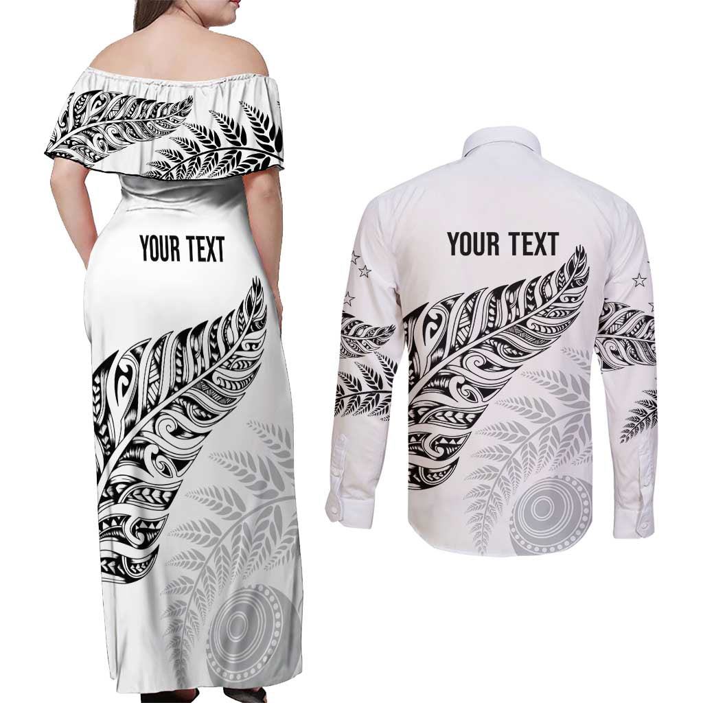 Aotearoa Personalized Lawn Bowls Maori Couples Matching Off Shoulder Maxi Dress and Long Sleeve Button Shirt New Zealand White Tribal Silver Fern - Aussie Hoodie