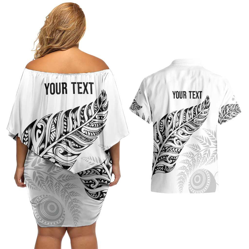 Aotearoa Personalized Lawn Bowls Maori Couples Matching Off Shoulder Short Dress and Hawaiian Shirt New Zealand White Tribal Silver Fern - Aussie Hoodie