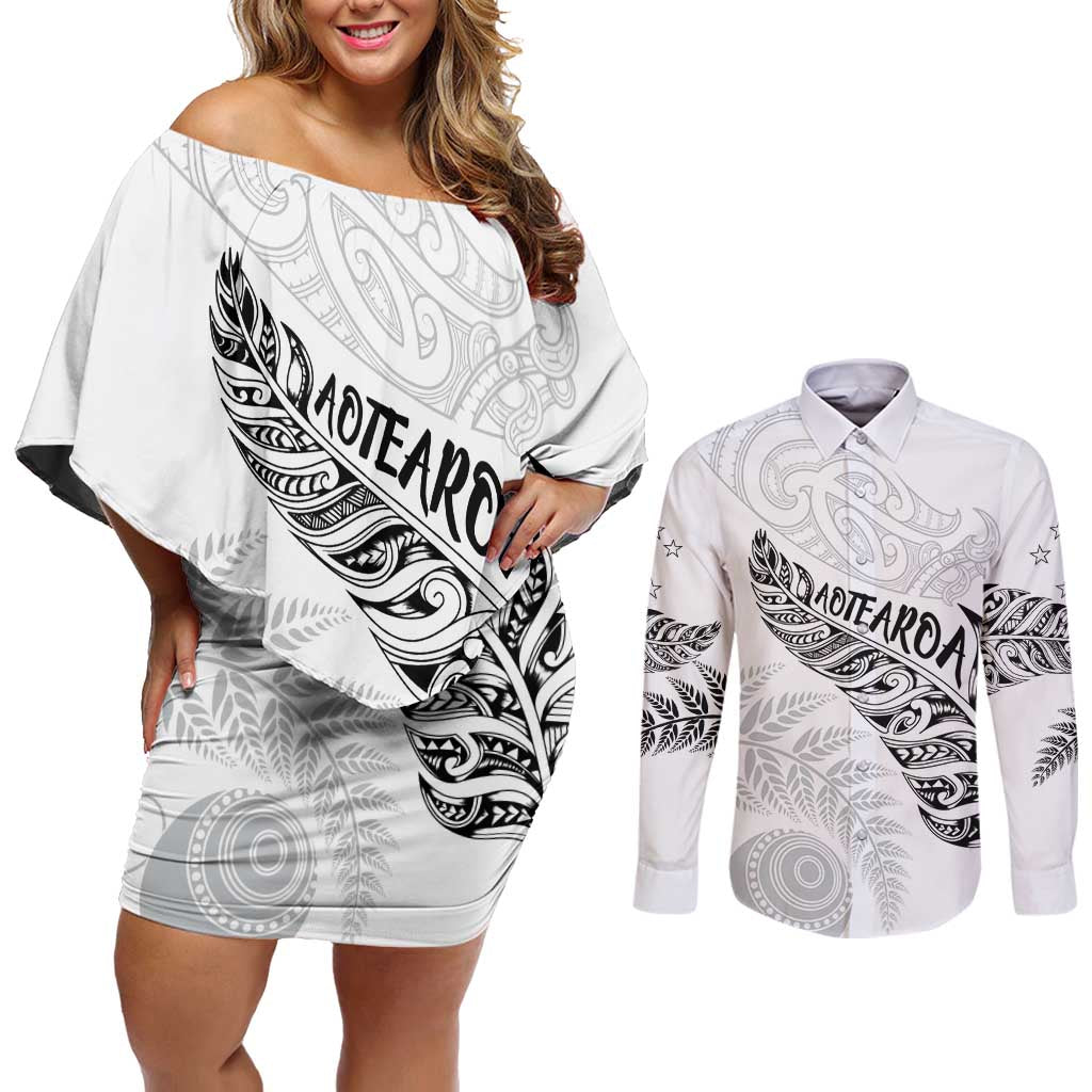 Aotearoa Personalized Lawn Bowls Maori Couples Matching Off Shoulder Short Dress and Long Sleeve Button Shirt New Zealand White Tribal Silver Fern - Aussie Hoodie