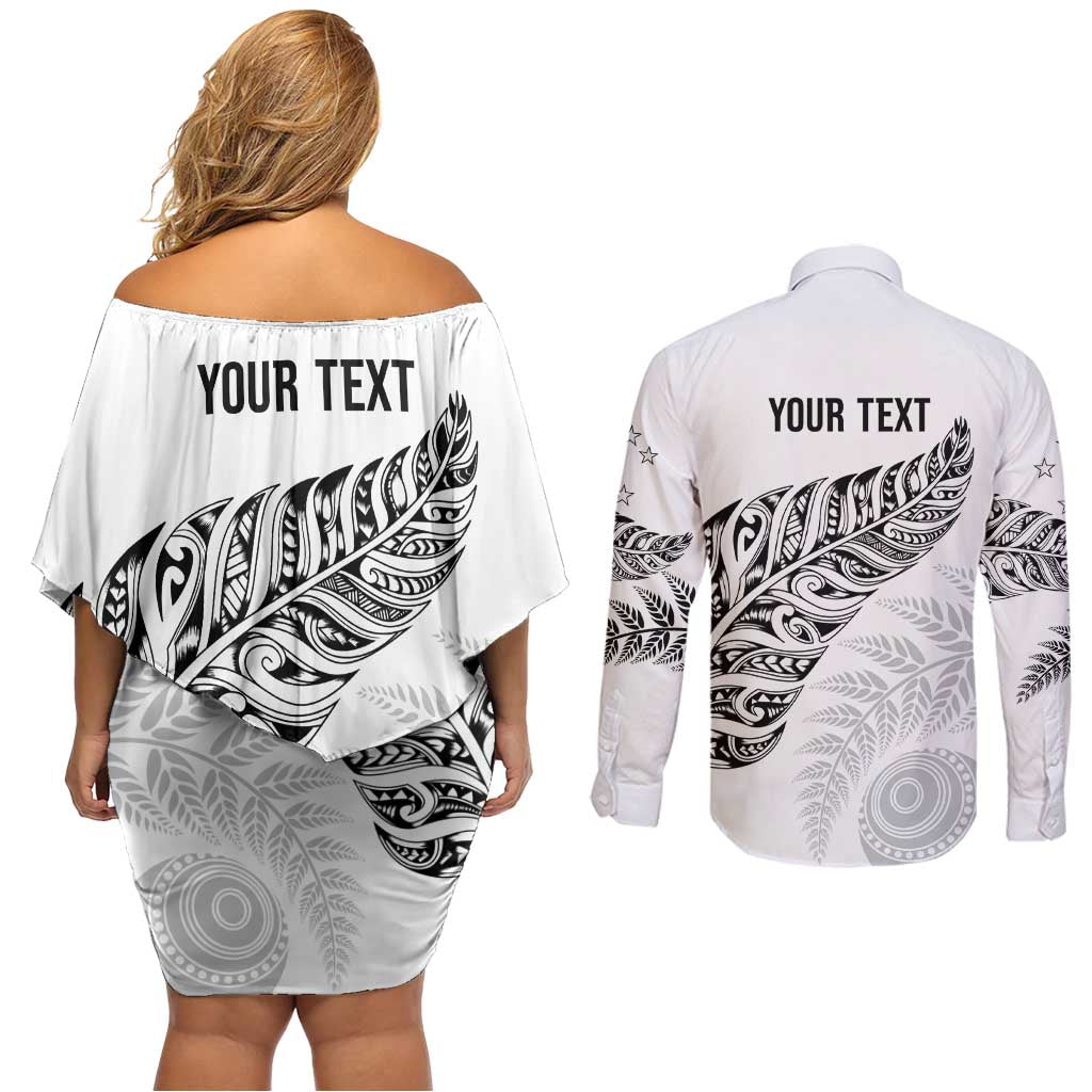 Aotearoa Personalized Lawn Bowls Maori Couples Matching Off Shoulder Short Dress and Long Sleeve Button Shirt New Zealand White Tribal Silver Fern - Aussie Hoodie
