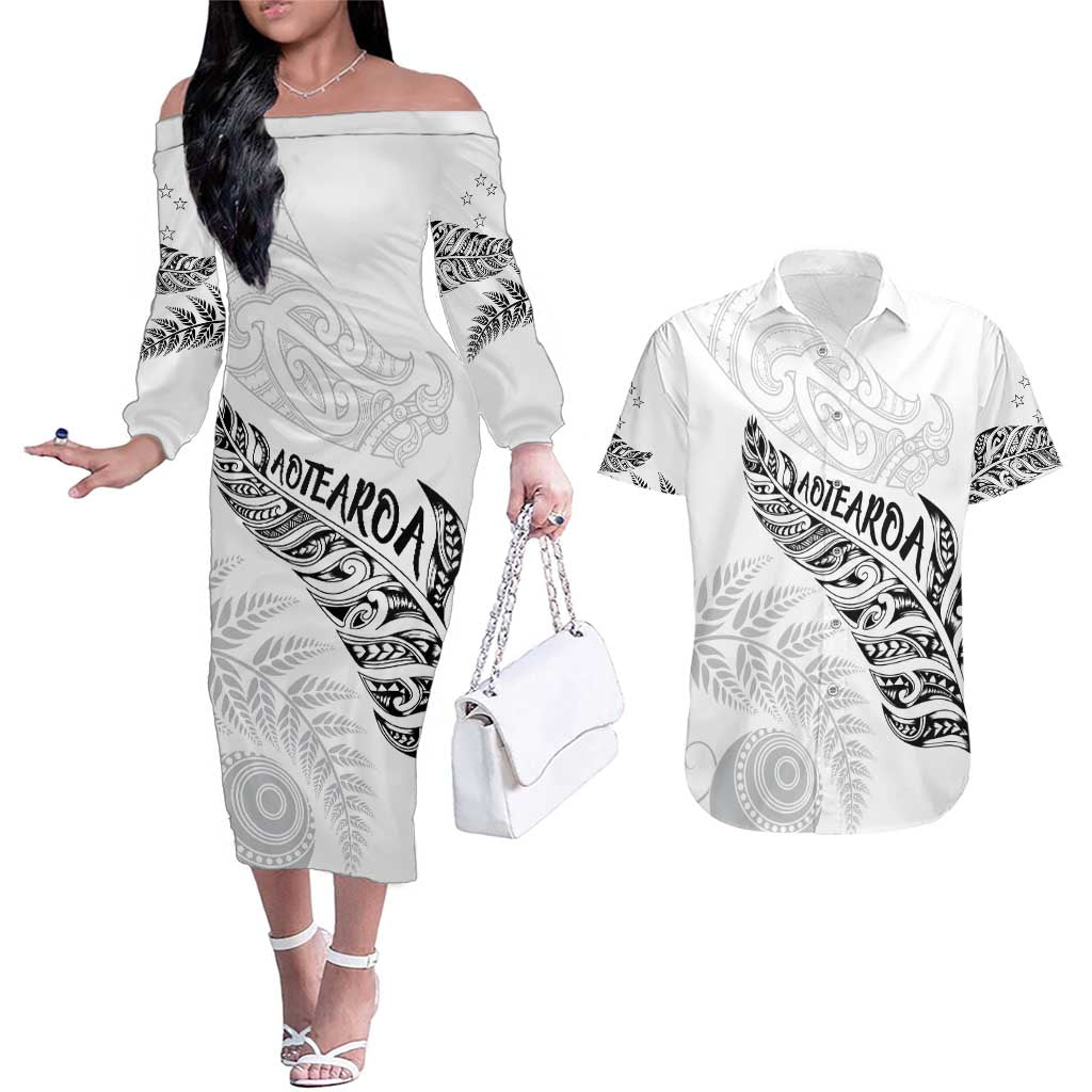 Aotearoa Personalized Lawn Bowls Maori Couples Matching Off The Shoulder Long Sleeve Dress and Hawaiian Shirt New Zealand White Tribal Silver Fern - Aussie Hoodie