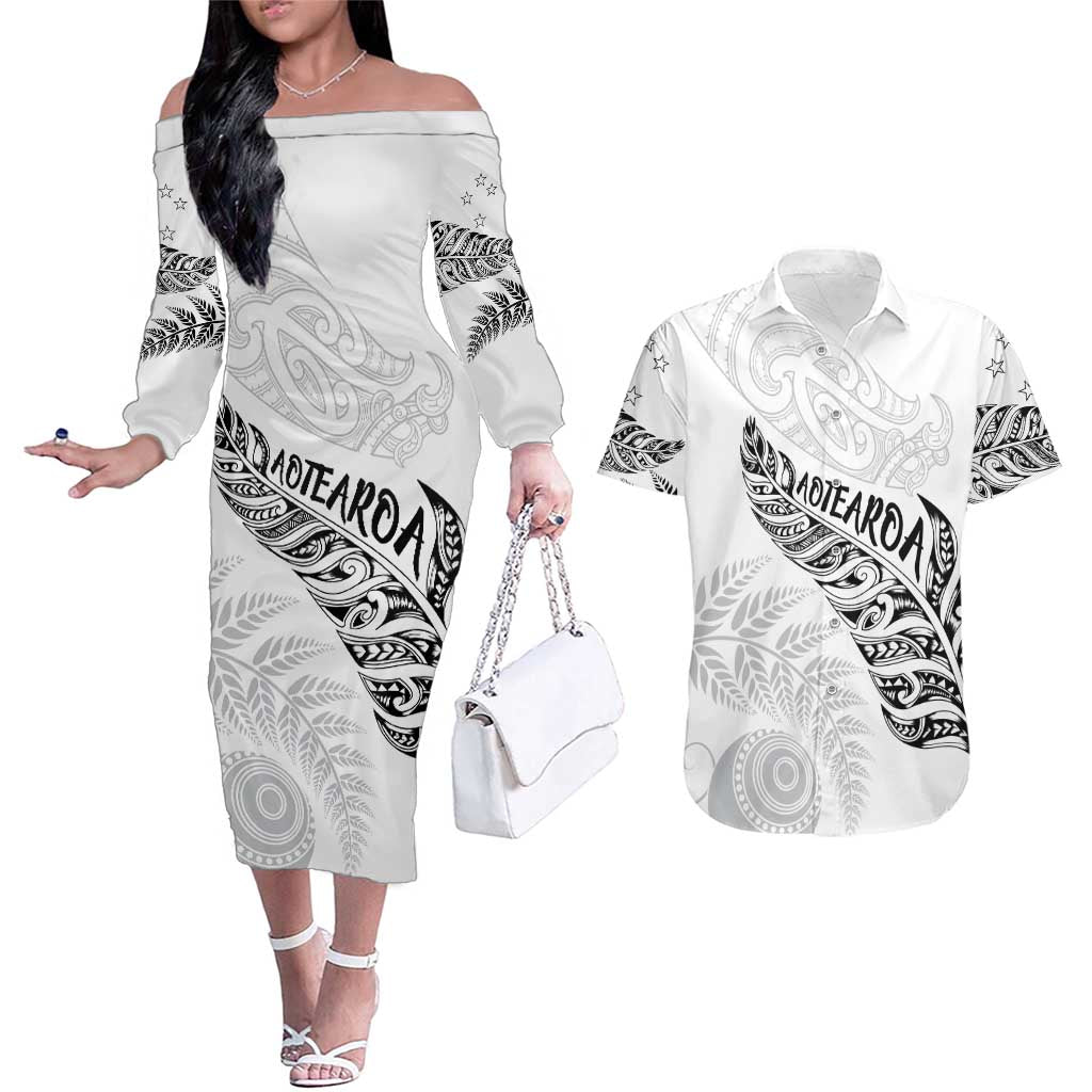Aotearoa Personalized Lawn Bowls Maori Couples Matching Off The Shoulder Long Sleeve Dress and Hawaiian Shirt New Zealand White Tribal Silver Fern - Aussie Hoodie
