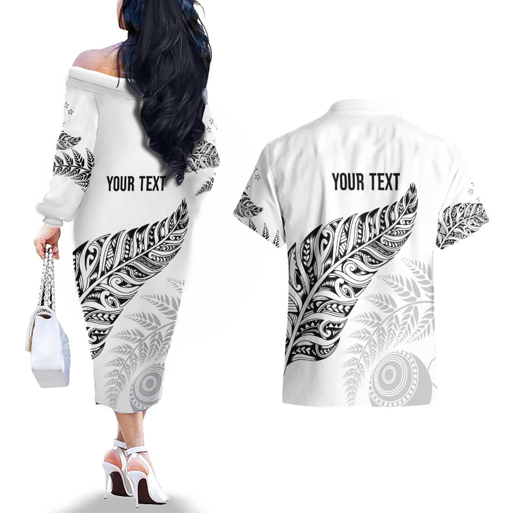 Aotearoa Personalized Lawn Bowls Maori Couples Matching Off The Shoulder Long Sleeve Dress and Hawaiian Shirt New Zealand White Tribal Silver Fern - Aussie Hoodie