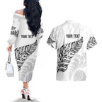 Aotearoa Personalized Lawn Bowls Maori Couples Matching Off The Shoulder Long Sleeve Dress and Hawaiian Shirt New Zealand White Tribal Silver Fern - Aussie Hoodie