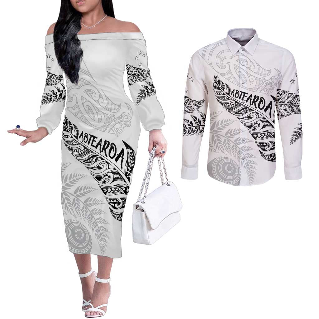 Aotearoa Personalized Lawn Bowls Maori Couples Matching Off The Shoulder Long Sleeve Dress and Long Sleeve Button Shirt New Zealand White Tribal Silver Fern - Aussie Hoodie