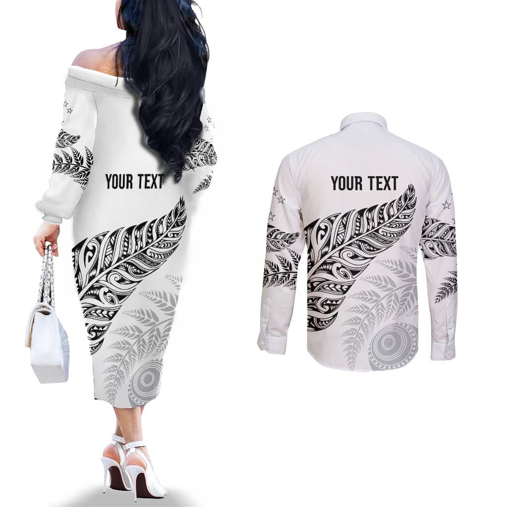 Aotearoa Personalized Lawn Bowls Maori Couples Matching Off The Shoulder Long Sleeve Dress and Long Sleeve Button Shirt New Zealand White Tribal Silver Fern - Aussie Hoodie