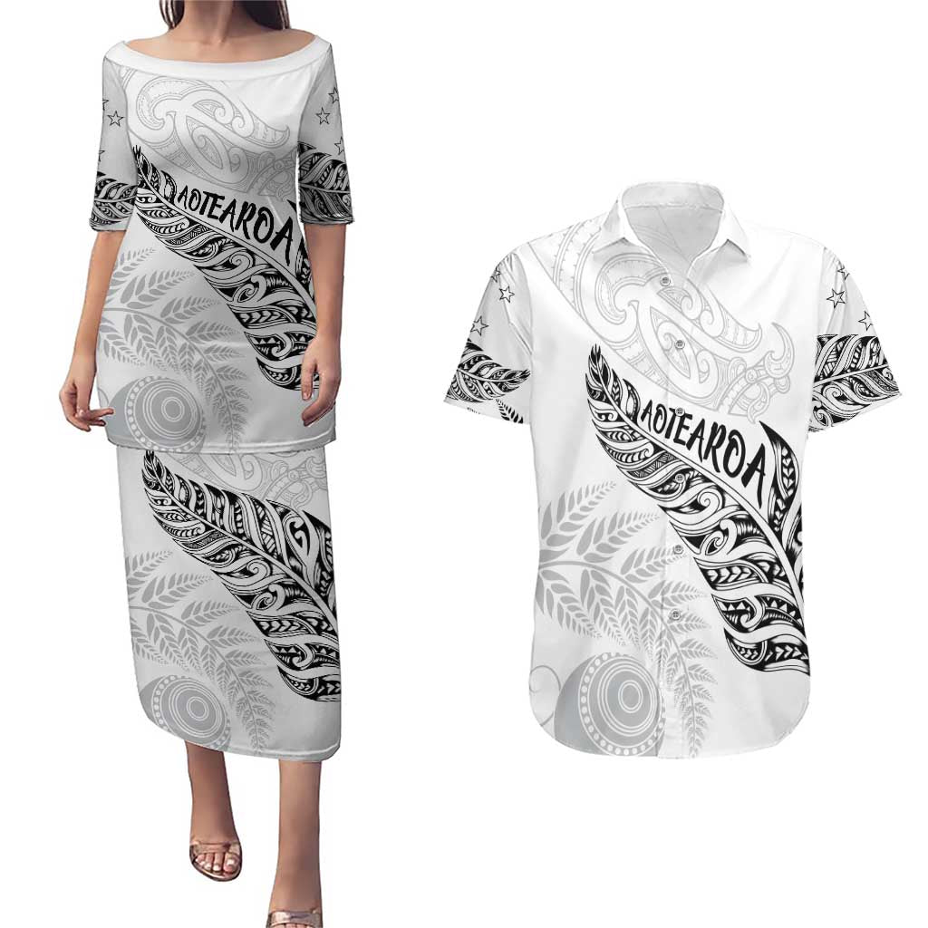 Aotearoa Personalized Lawn Bowls Maori Couples Matching Puletasi and Hawaiian Shirt New Zealand White Tribal Silver Fern - Aussie Hoodie