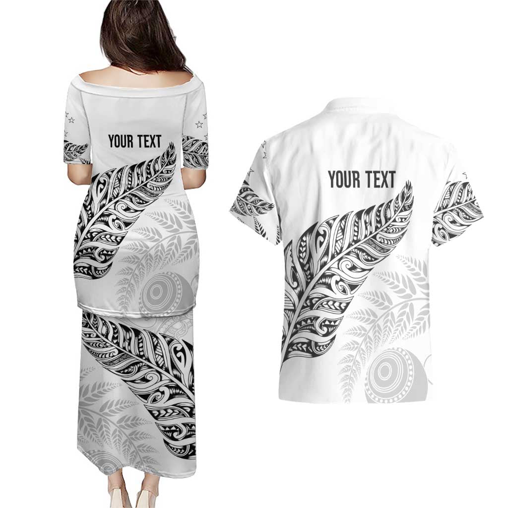 Aotearoa Personalized Lawn Bowls Maori Couples Matching Puletasi and Hawaiian Shirt New Zealand White Tribal Silver Fern - Aussie Hoodie