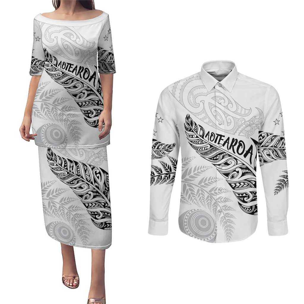 Aotearoa Personalized Lawn Bowls Maori Couples Matching Puletasi and Long Sleeve Button Shirt New Zealand White Tribal Silver Fern - Aussie Hoodie