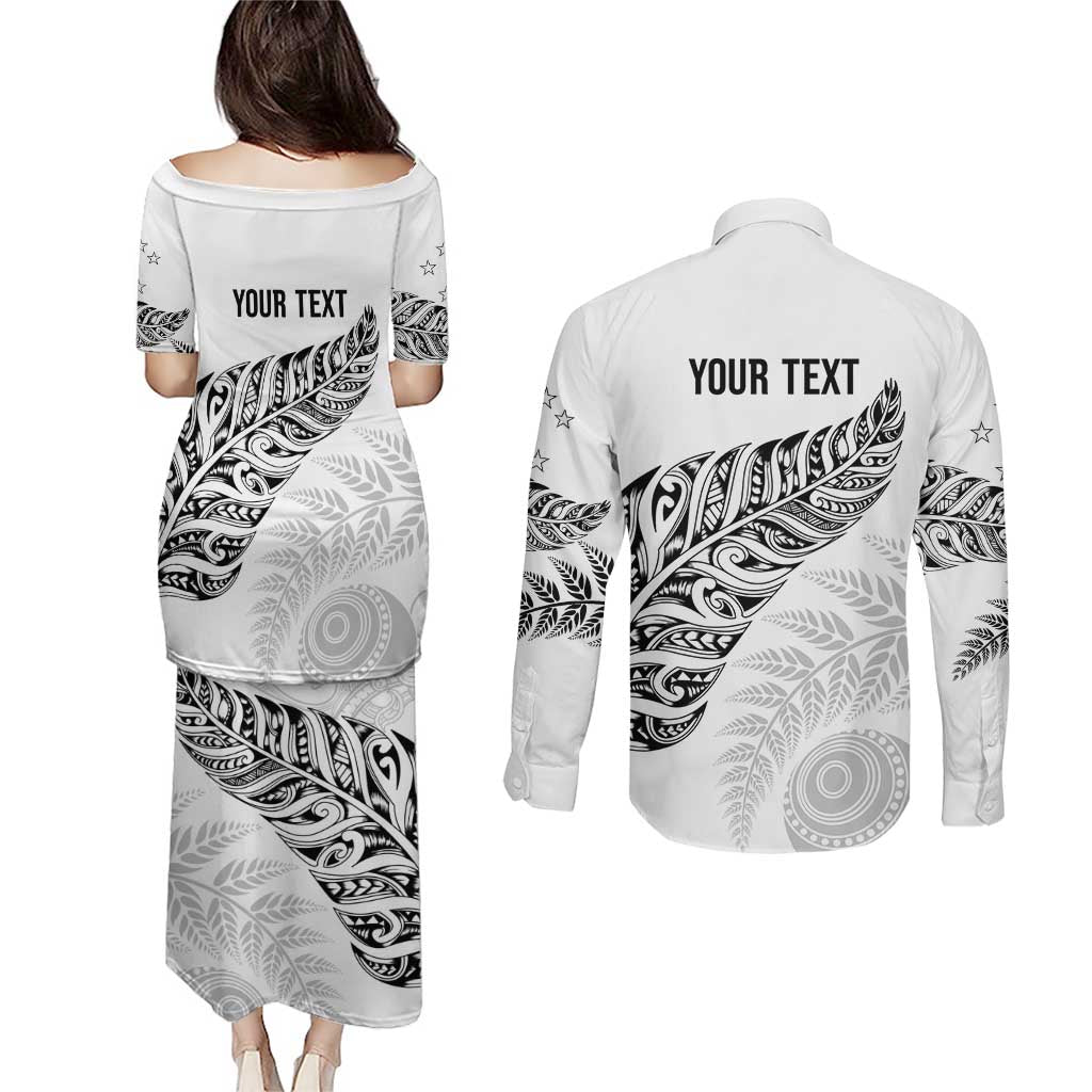 Aotearoa Personalized Lawn Bowls Maori Couples Matching Puletasi and Long Sleeve Button Shirt New Zealand White Tribal Silver Fern - Aussie Hoodie