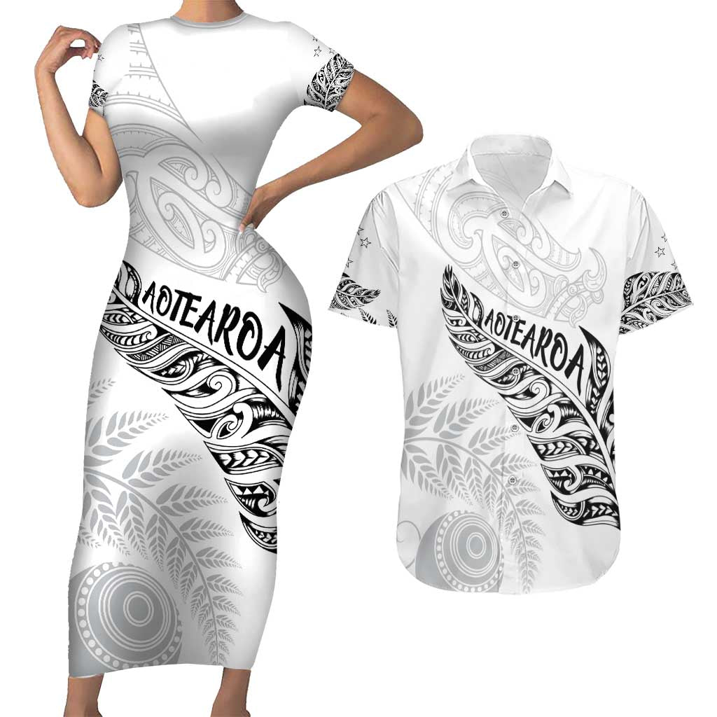 Aotearoa Personalized Lawn Bowls Maori Couples Matching Short Sleeve Bodycon Dress and Hawaiian Shirt New Zealand White Tribal Silver Fern - Aussie Hoodie