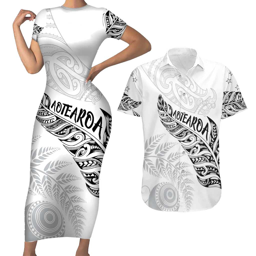 Aotearoa Personalized Lawn Bowls Maori Couples Matching Short Sleeve Bodycon Dress and Hawaiian Shirt New Zealand White Tribal Silver Fern - Aussie Hoodie