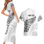 Aotearoa Personalized Lawn Bowls Maori Couples Matching Short Sleeve Bodycon Dress and Hawaiian Shirt New Zealand White Tribal Silver Fern - Aussie Hoodie