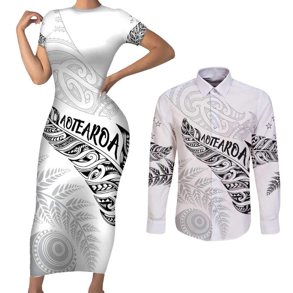 Aotearoa Personalized Lawn Bowls Maori Couples Matching Short Sleeve Bodycon Dress and Long Sleeve Button Shirt New Zealand White Tribal Silver Fern - Aussie Hoodie