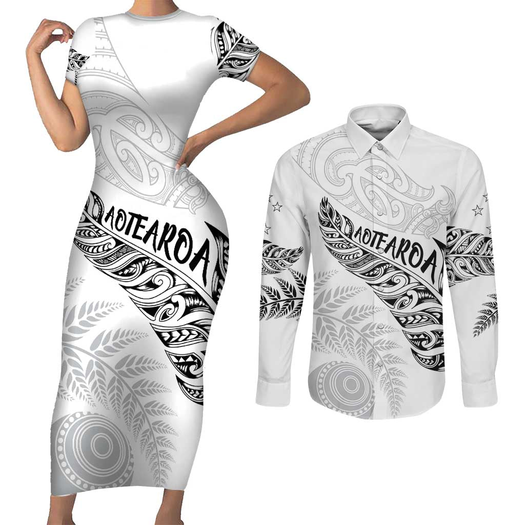Aotearoa Personalized Lawn Bowls Maori Couples Matching Short Sleeve Bodycon Dress and Long Sleeve Button Shirt New Zealand White Tribal Silver Fern - Aussie Hoodie