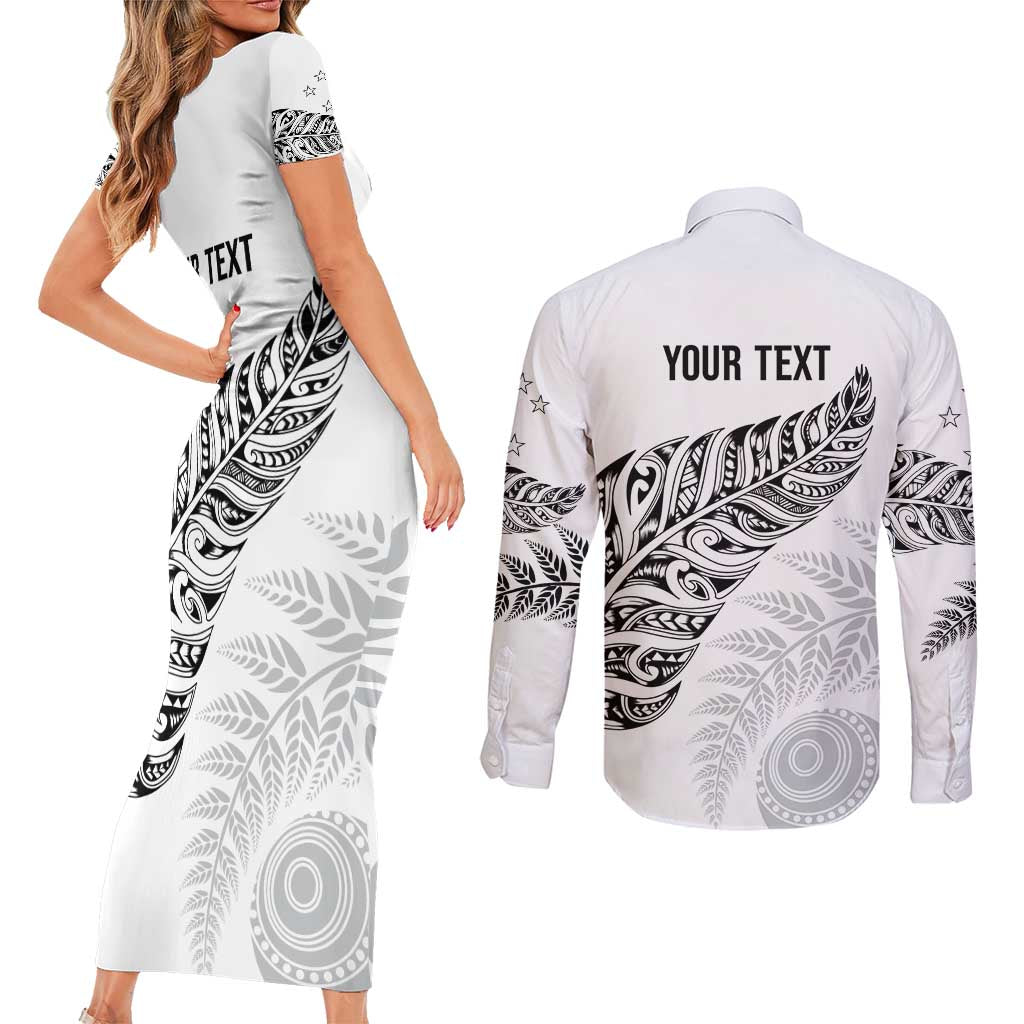 Aotearoa Personalized Lawn Bowls Maori Couples Matching Short Sleeve Bodycon Dress and Long Sleeve Button Shirt New Zealand White Tribal Silver Fern - Aussie Hoodie