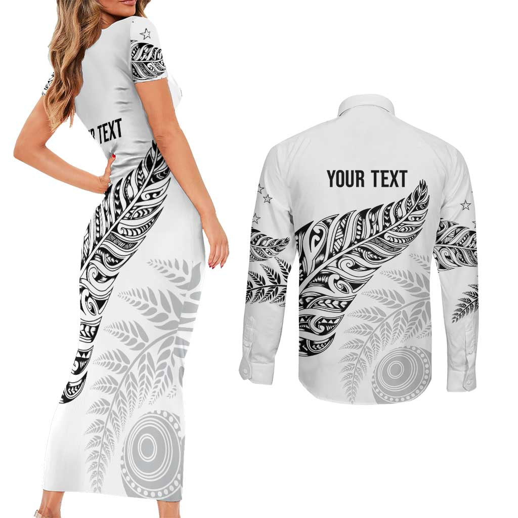Aotearoa Personalized Lawn Bowls Maori Couples Matching Short Sleeve Bodycon Dress and Long Sleeve Button Shirt New Zealand White Tribal Silver Fern - Aussie Hoodie