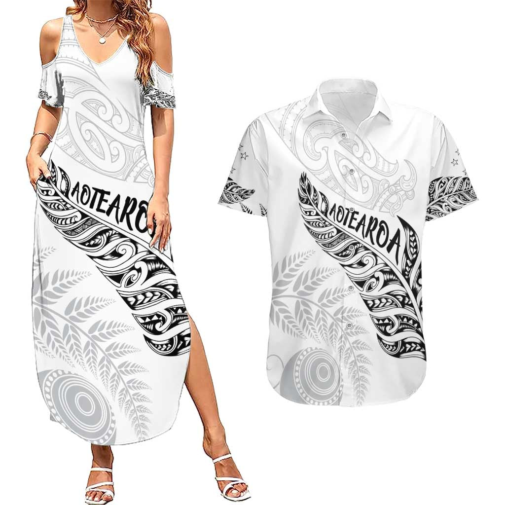 Aotearoa Personalized Lawn Bowls Maori Couples Matching Summer Maxi Dress and Hawaiian Shirt New Zealand White Tribal Silver Fern - Aussie Hoodie